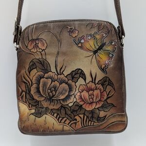 Biacci Hand Painted Leather Crossbody Bag Butterfly Floral Brown Tooled Shoulder